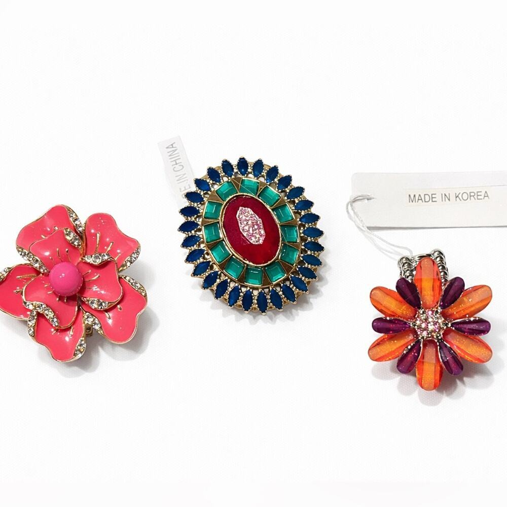 Vibrant‎ Floral Ring Trio with Pink, Orange, and Green Accents